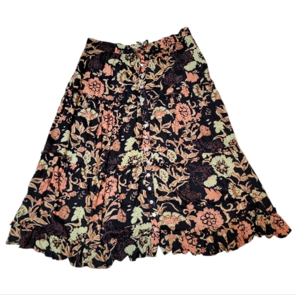 Roller Rabbit Black and Peach Floral A-Line Skirt Size XL